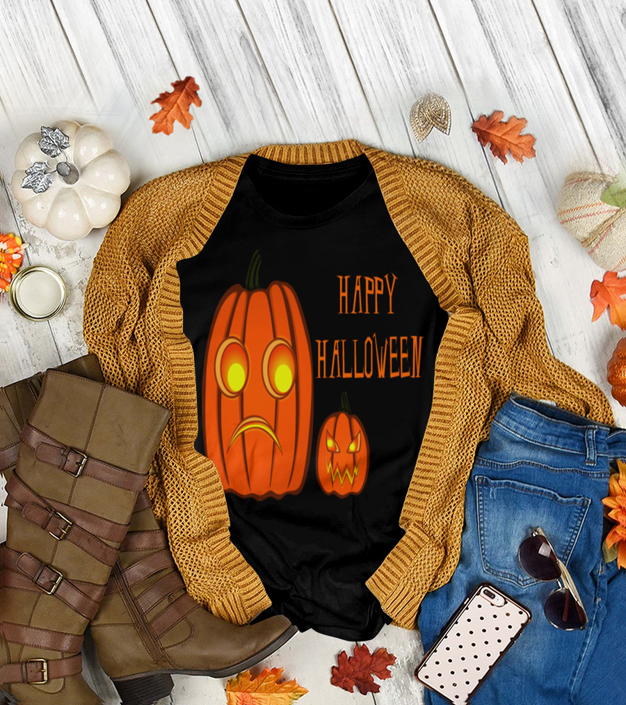 Halloween Nervous Pumpkin with Happy Expression Contrast T-Shirt