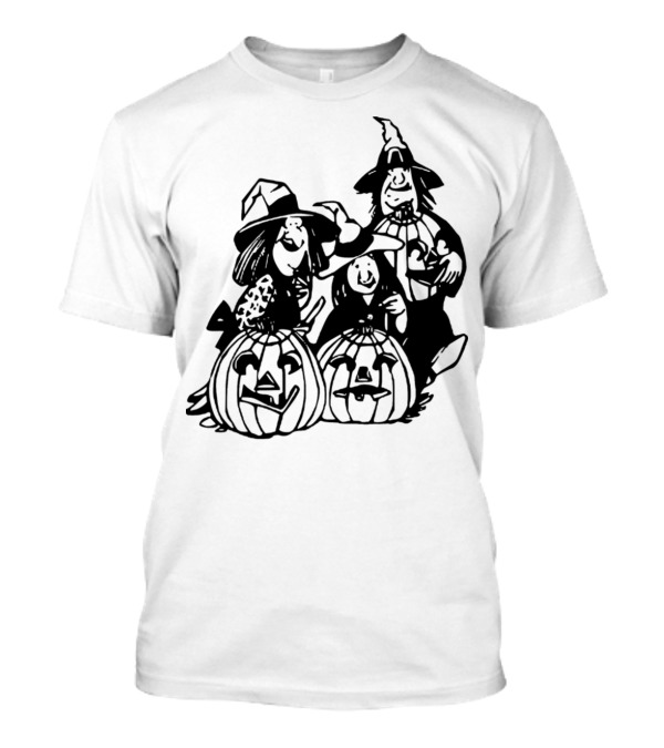 Halloween Witches And Pumpkins Trio In Witch Hats With Jack-O'-Lanterns T-Shirt