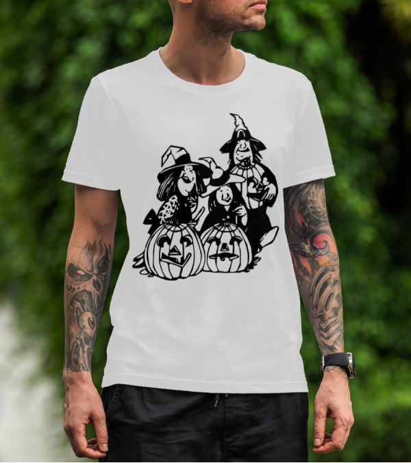 Halloween Witches And Pumpkins Trio In Witch Hats With Jack-O'-Lanterns T-Shirt