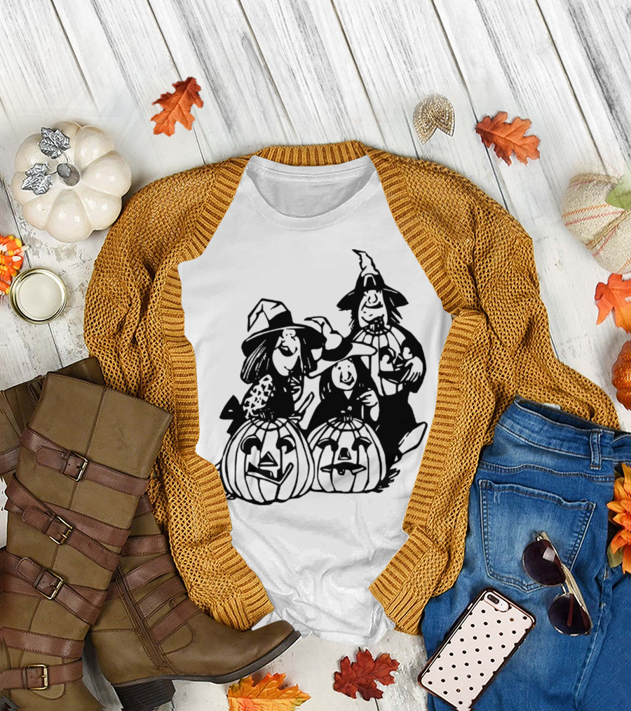Halloween Witches and Pumpkins Trio in Witch Hats with Jack-O'-Lanterns T-Shirt