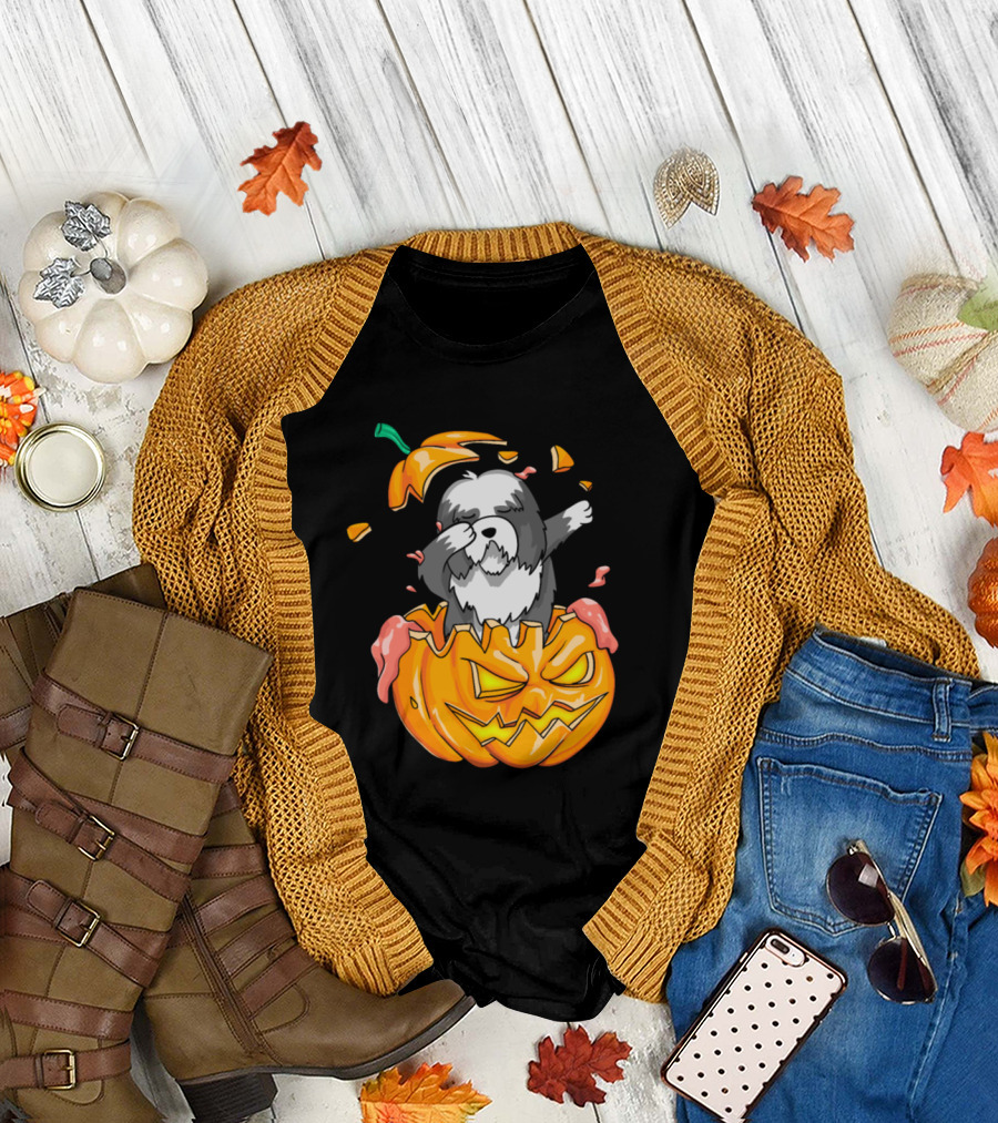 Bearded Collie Dabbing in Jack-o'-Lantern Halloween Pumpkin Dab T-Shirt