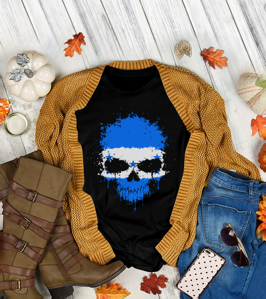 Chaotic Honduran Flag Splatter Skull Skeleton Blue White Stars T-Shirt