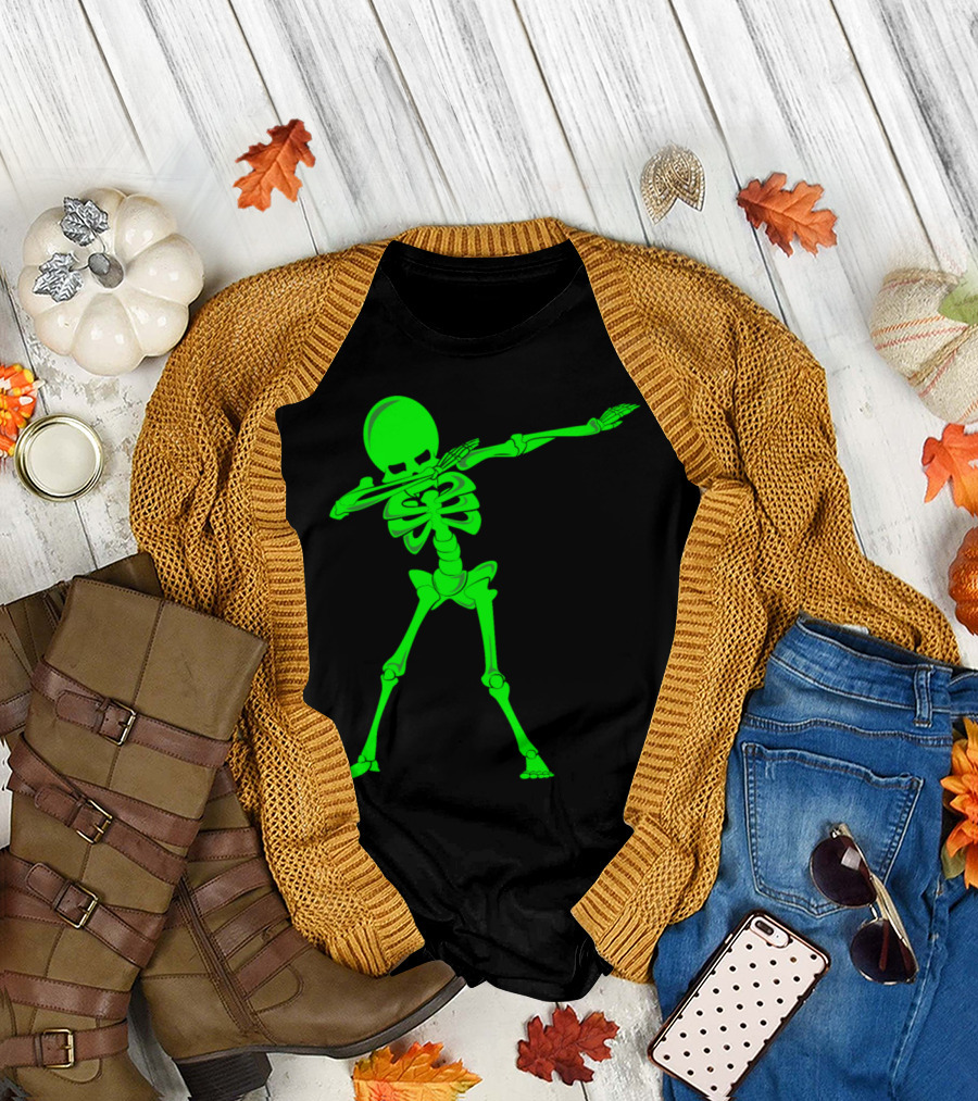 Dabbing Skeleton Halloween Dancing Monster Neon Green Skeleton Dab Dance T-Shirt