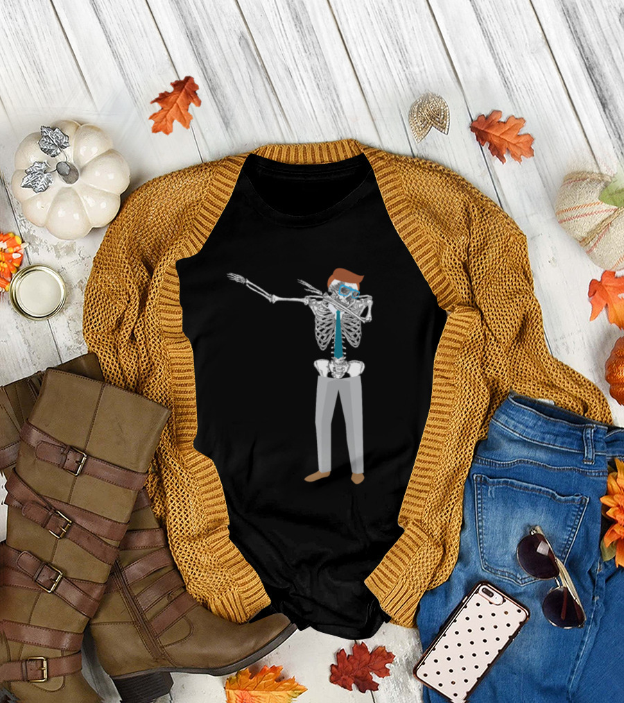 Dabbing Halloween Skeleton in Pants with Sunglasses and Hair T-Shirt