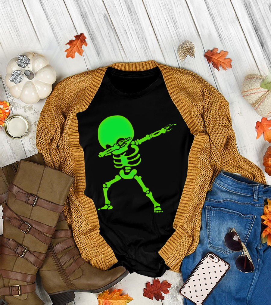 Dabbing Neon Glow Big Head Skeleton T-Shirt