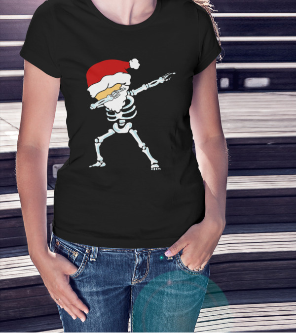 Dabbing Christmas Skeleton Wearing Santa Hat T-Shirt