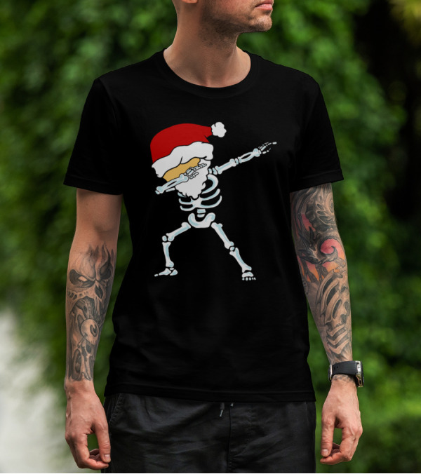 Dabbing Christmas Skeleton Wearing Santa Hat T-Shirt