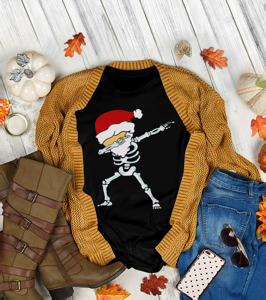 Dabbing Christmas Skeleton Wearing Santa Hat T-Shirt