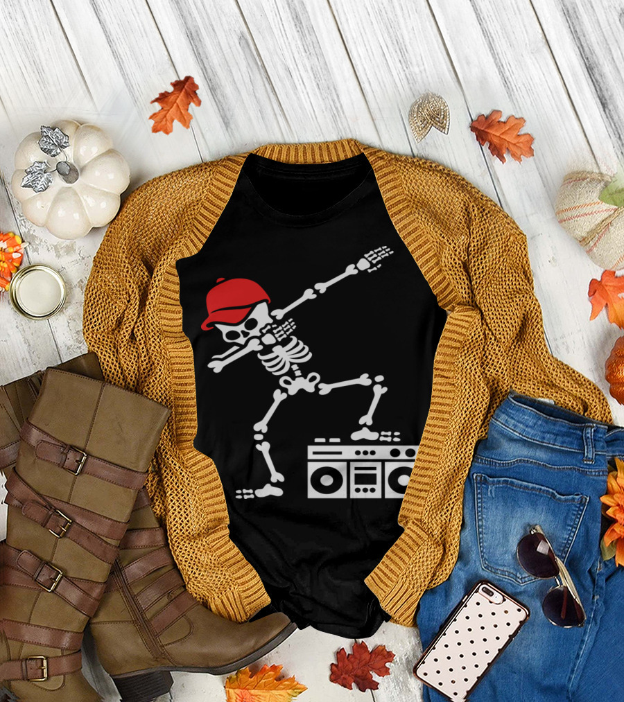 Dabbing Skeleton with Red Hat and Boombox Ghetto Blaster T-Shirt
