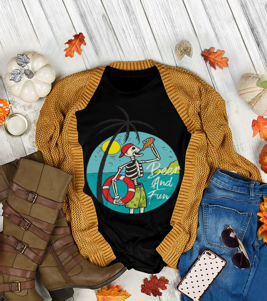 Sunny Beer And Fun Skeleton Beach Scene T-Shirt