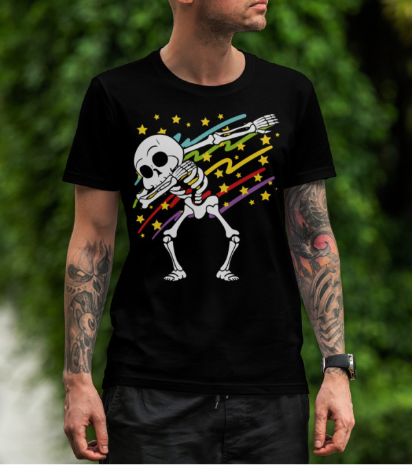 Disco Party Music Dabbing Dab Skeleton With Stars And Colorful Streaks Halloween T-Shirt