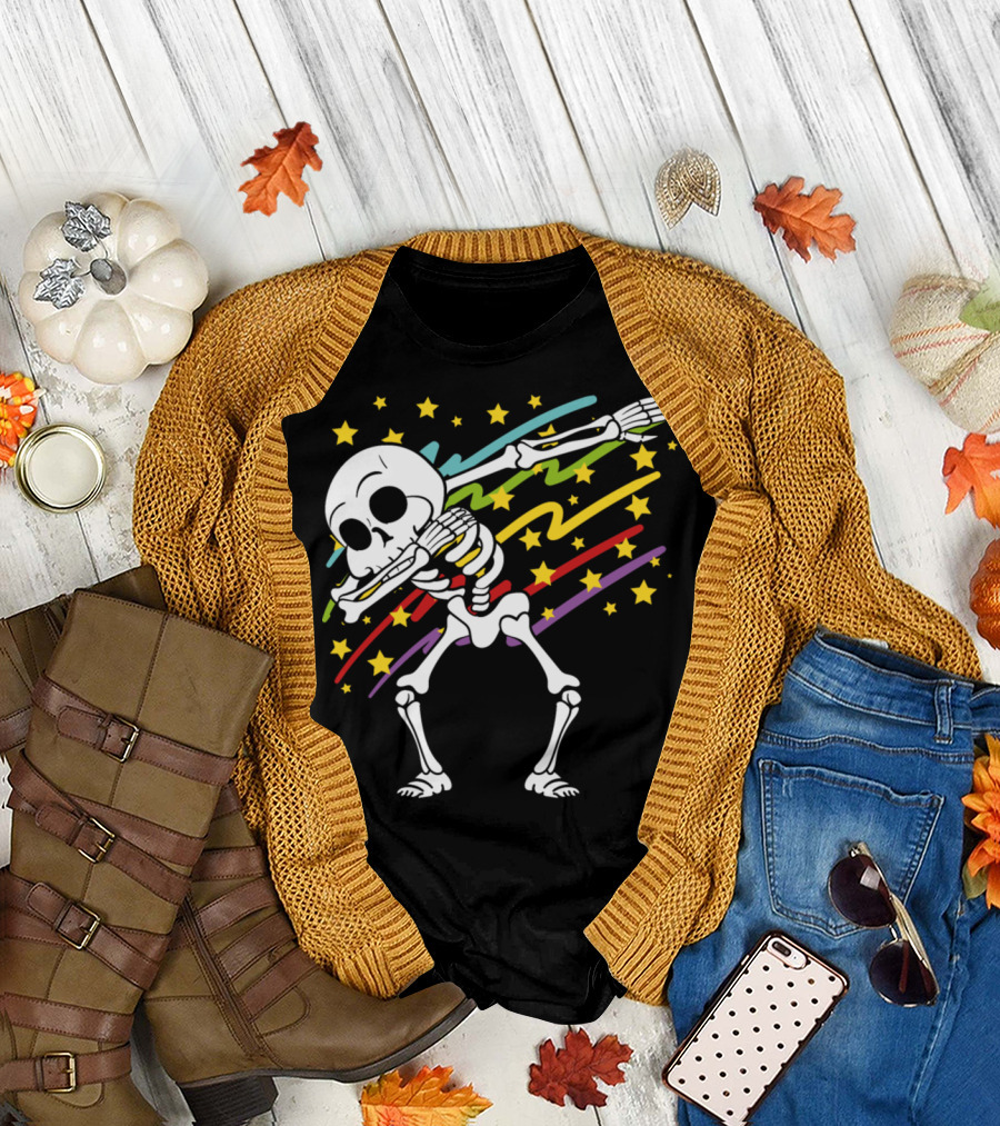 Disco Party Music Dabbing Dab Skeleton with Stars and Colorful Streaks Halloween T-Shirt