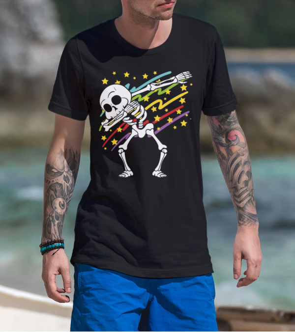 Disco Party Music Dabbing Dab Skeleton With Stars And Colorful Streaks Halloween T-Shirt