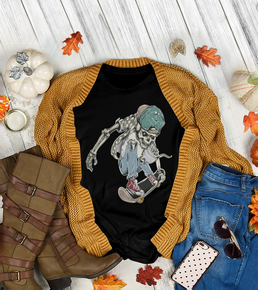 Skelly Skater Skeleton in Cap and Checkered Shirt Performing Skateboard Trick T-Shirt