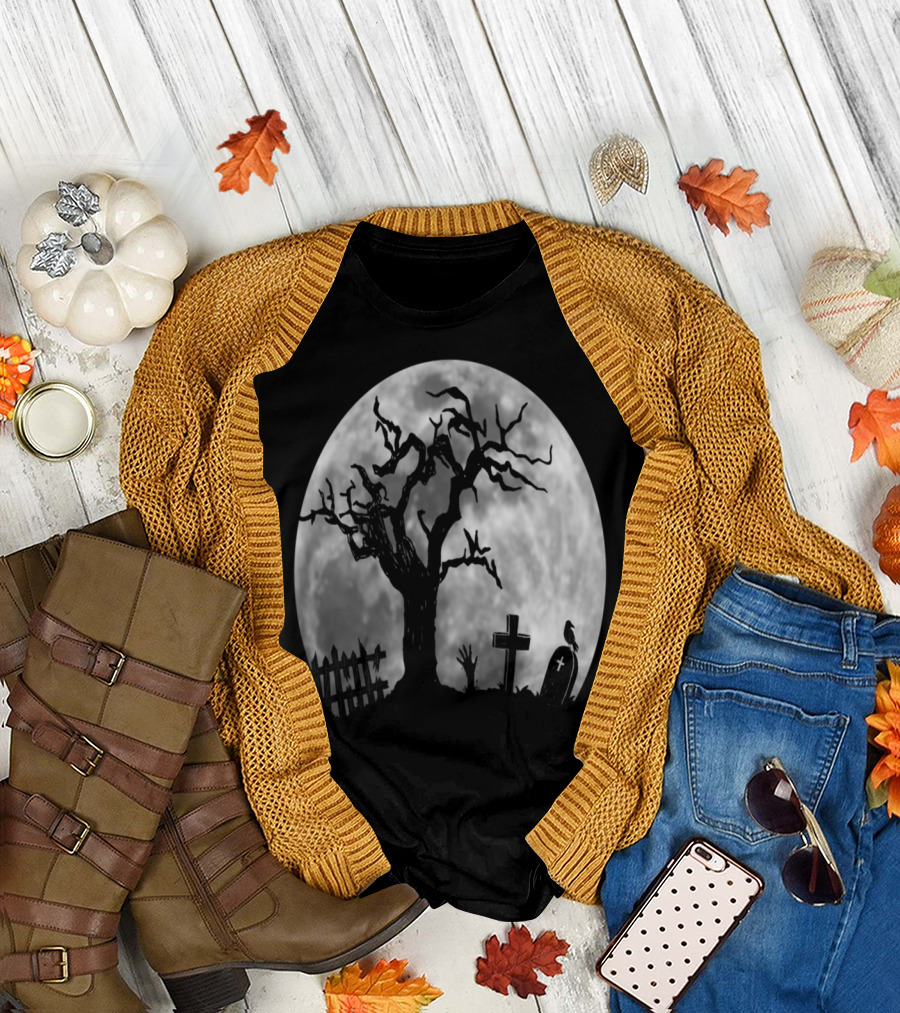Cool Halloween Graveyard Zombie Hand Creeping Out Under Full Moon with Spooky Tree and Tombstones T-Shirt
