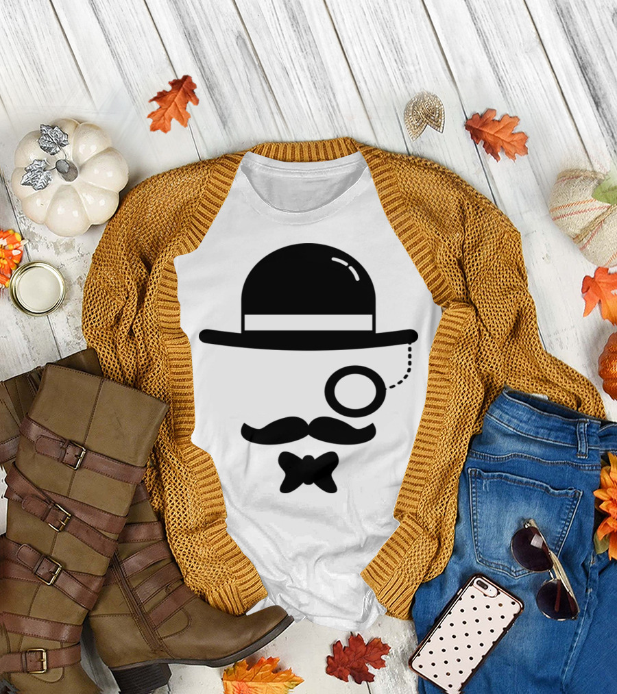 Hipster Bowler Hat Mustache Monocle Bow Tie T-Shirt
