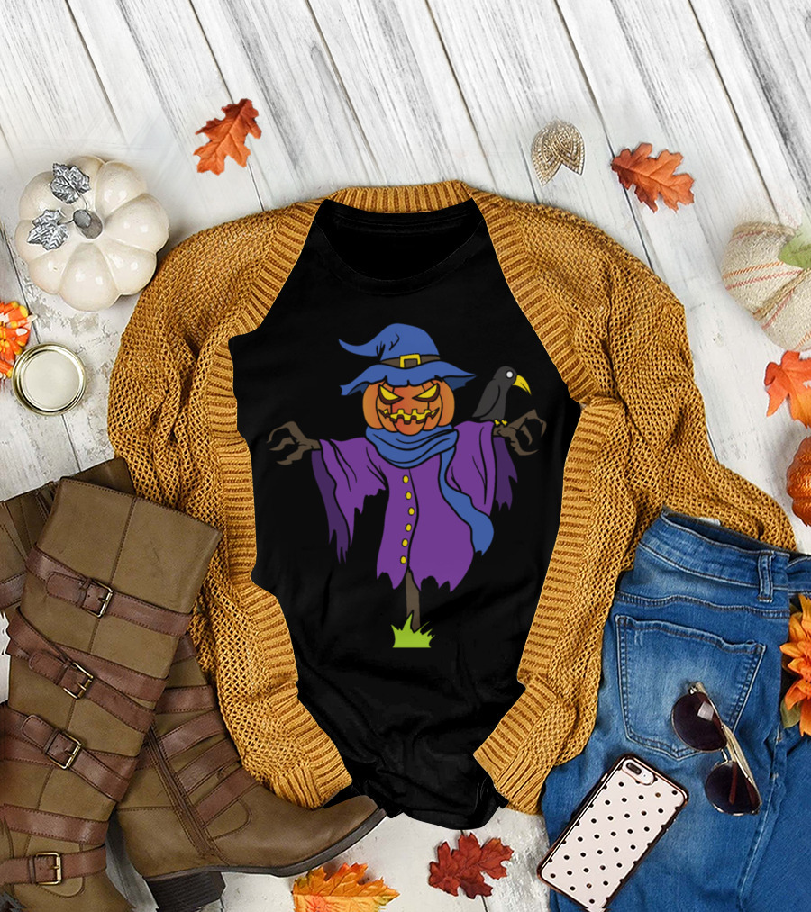 Halloween Witch Hat Pumpkin Scarecrow with Crow Monster Zombie T-Shirt