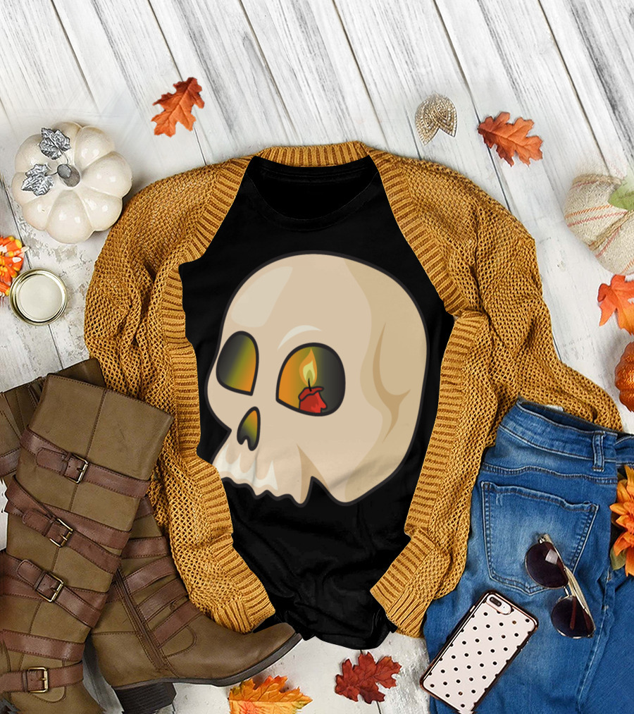 Happy Halloween Skull with Candle Flame Eyes T-Shirt