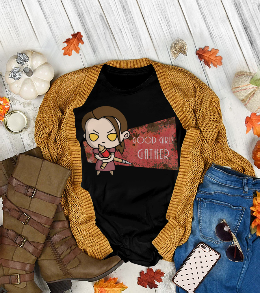 Good Girls Gather Cute Chibi Character with Red Paintbrush on Grungy T-Shirt