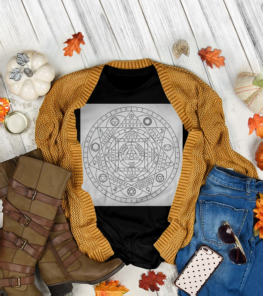 Alchemy Elements Sacred Geometry Diagram Featuring Gold Sunday, Alga Water, Copper Saturday, Mercury Wednesday, North Power and South Fire Symbols T-S