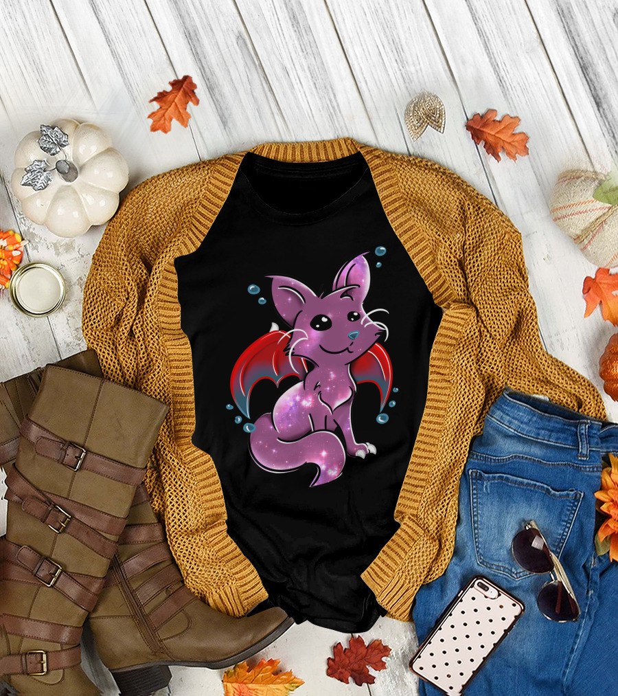 The Tale of Runivir Galactic Cat with Galaxy Fur and Red Bat Wings T-Shirt