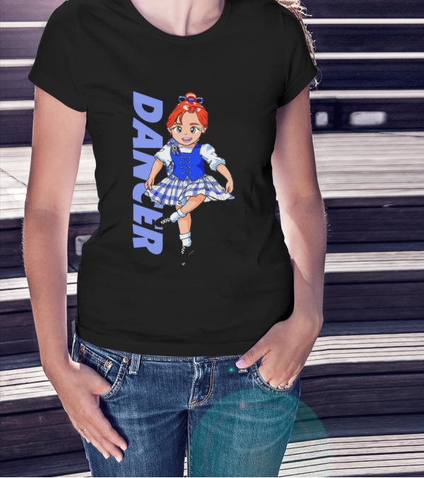 DANCER Irish Step Dance Girl In Blue Dress With Red Hair And Black Shoes T-Shirt