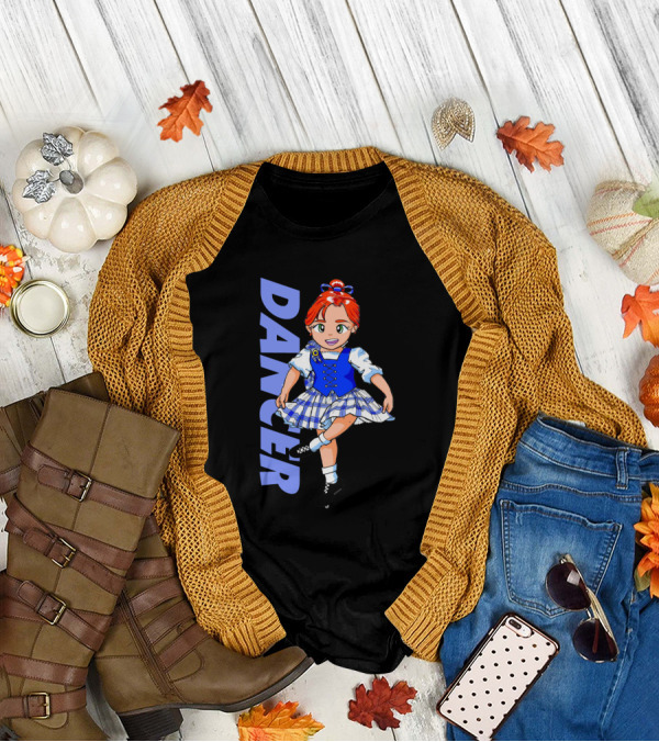 DANCER Irish Step Dance Girl In Blue Dress With Red Hair And Black Shoes T-Shirt