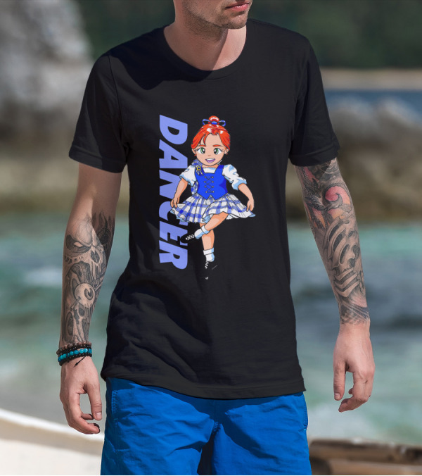 DANCER Irish Step Dance Girl In Blue Dress With Red Hair And Black Shoes T-Shirt