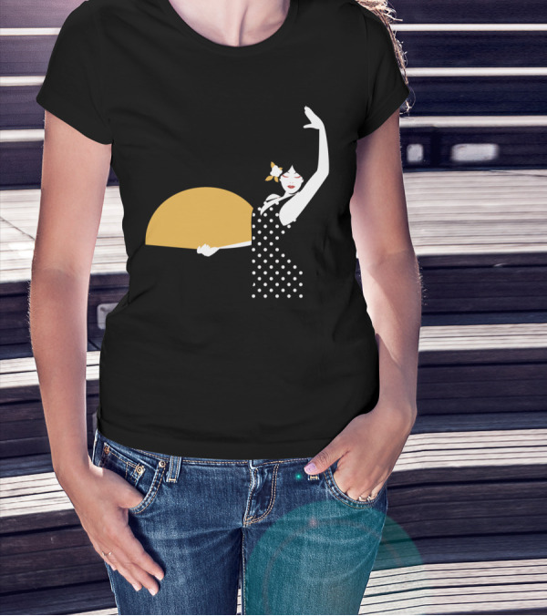 Spanish Dancer Polka Dot Dress Holding Fan Iconic Flamenco Pose T-Shirt