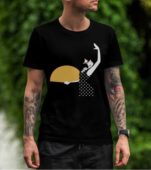 Spanish Dancer Polka Dot Dress Holding Fan Iconic Flamenco Pose T-Shirt
