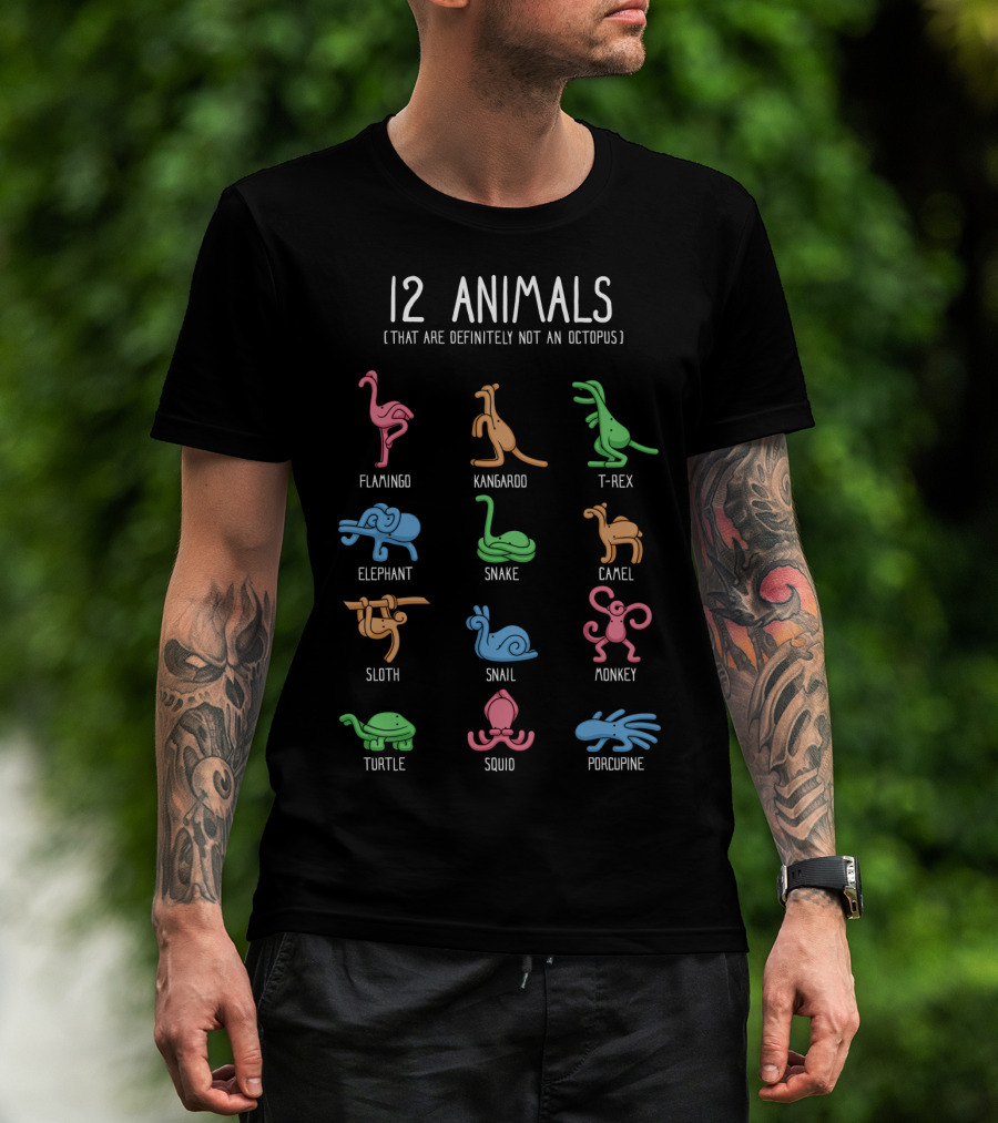12 Animals Featuring Flamingo Kangaroo T-Rex Elephant Snake Camel Sloth Snail Monkey Turtle Squid Porcupine T-Shirt
