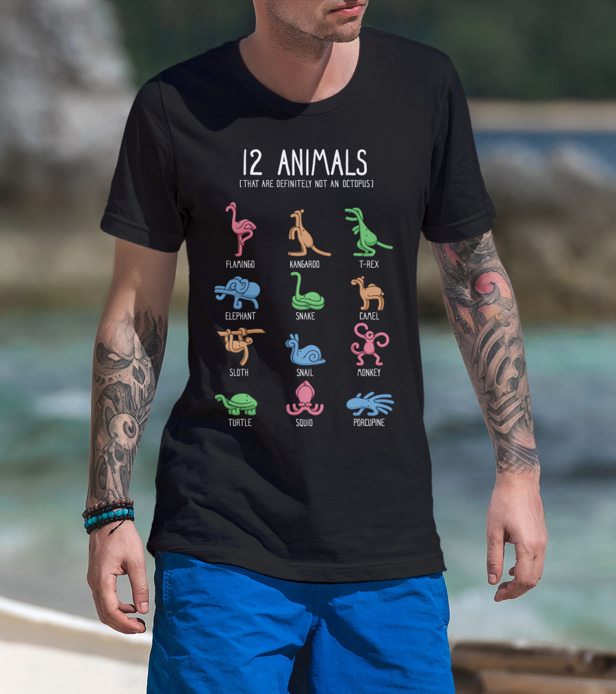 12 Animals Featuring Flamingo Kangaroo T-Rex Elephant Snake Camel Sloth Snail Monkey Turtle Squid Porcupine T-Shirt