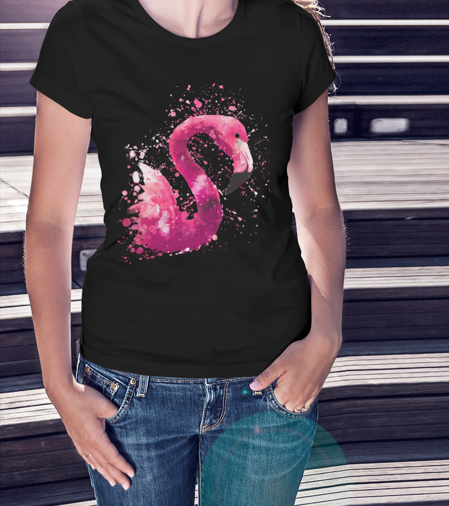 Flamingo Pink Watercolor Artistic Bird Splatter Animal Painting T-Shirt