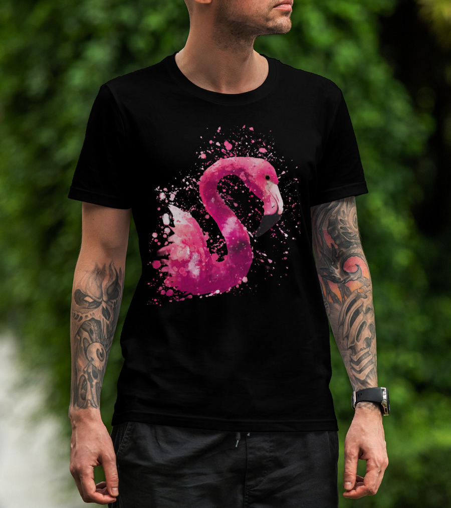 Flamingo Pink Watercolor Artistic Bird Splatter Animal Painting T-Shirt