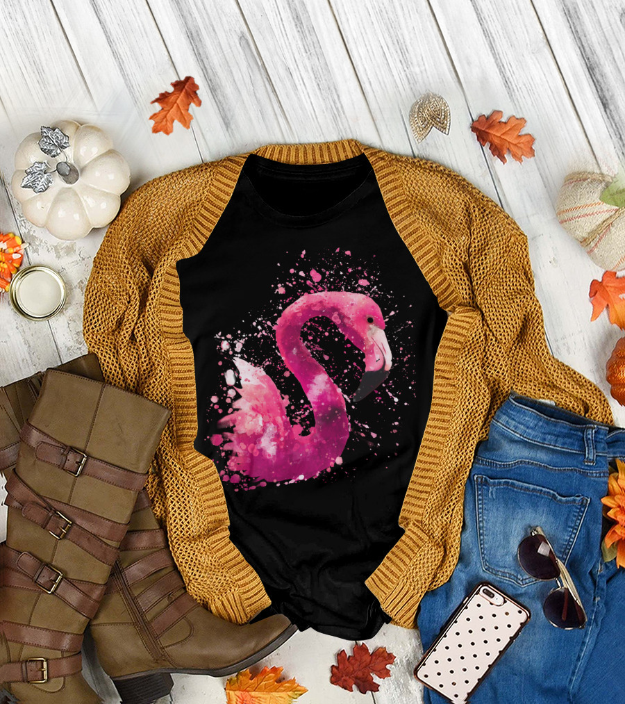 Flamingo Pink Watercolor Artistic Bird Splatter Animal Painting T-Shirt