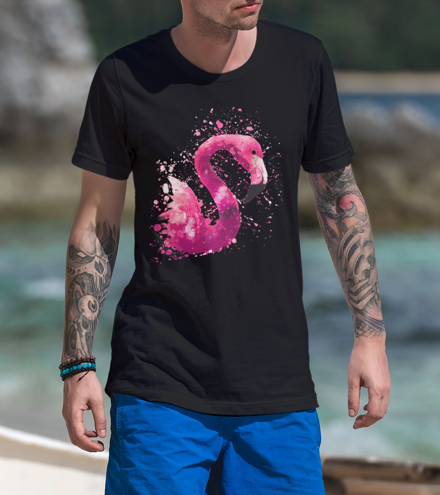Flamingo Pink Watercolor Artistic Bird Splatter Animal Painting T-Shirt