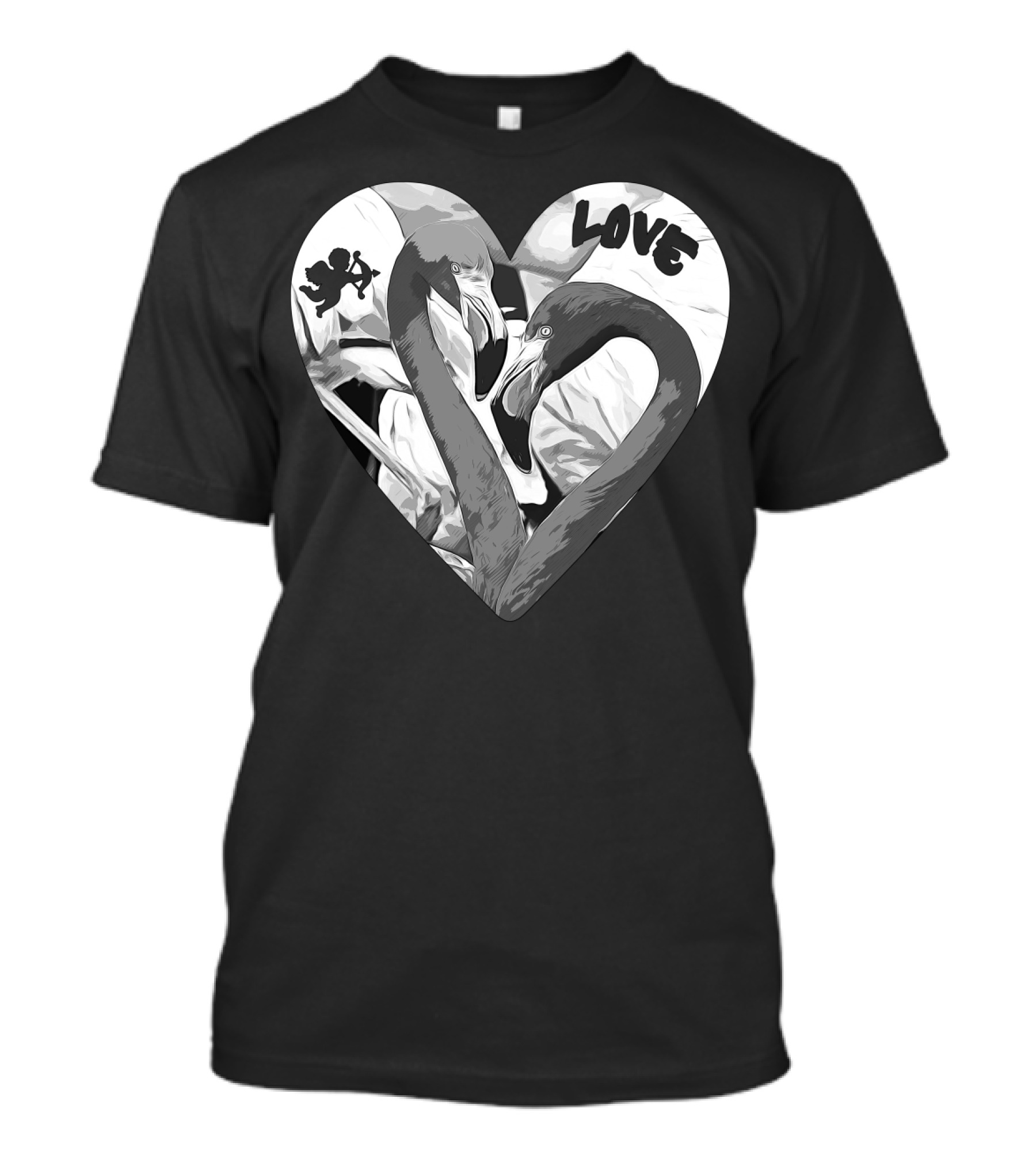Romantic Pink Flamingo Couple Heart With Cupid And Love Text Black White T-Shirt
