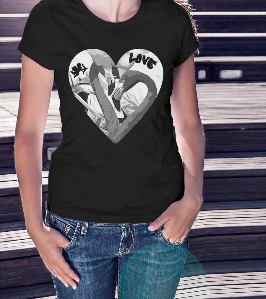Romantic Pink Flamingo Couple Heart With Cupid And Love Text Black White T-Shirt