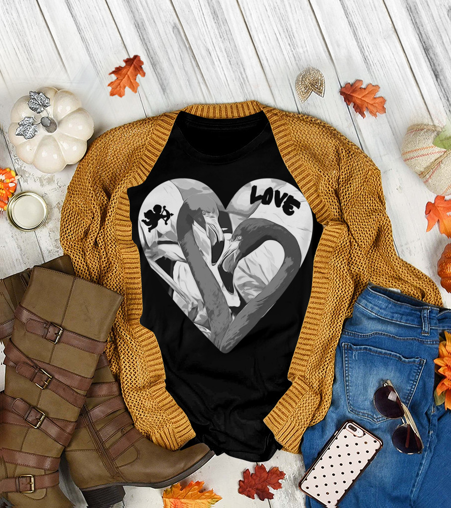 Romantic Pink Flamingo Couple Heart With Cupid And Love Text Black White T-Shirt