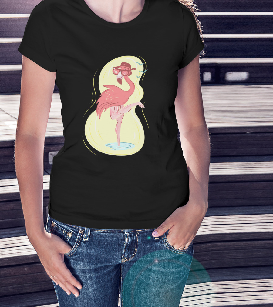 Beach Bird Flamingo With Sunglasses Retro Vibe T-Shirt