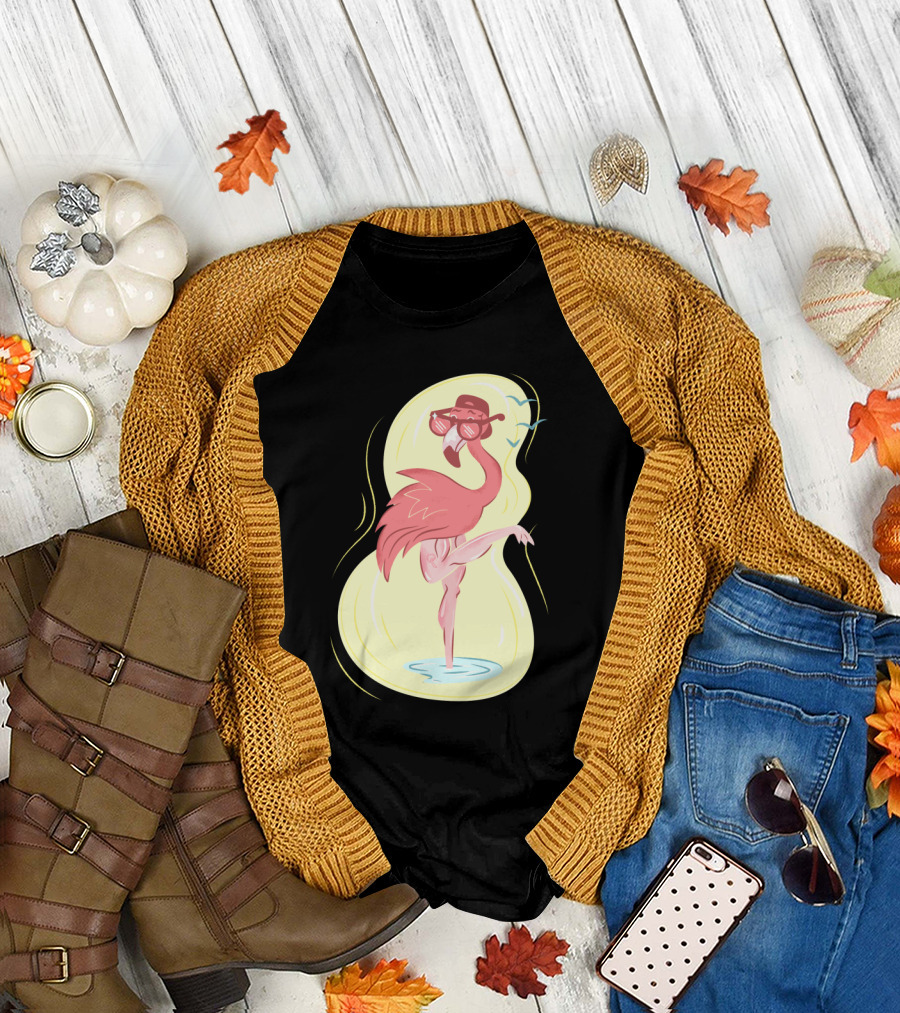 Beach Bird Flamingo With Sunglasses Retro Vibe T-Shirt