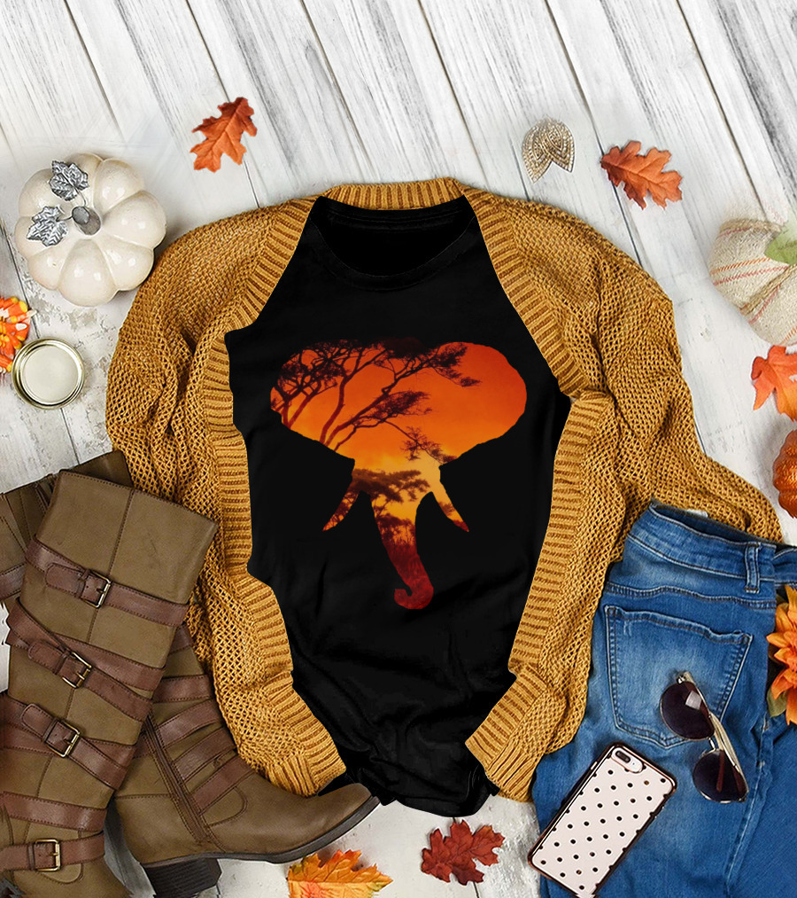 African Elephant Silhouette with Vibrant Sunset and Trees T-Shirt