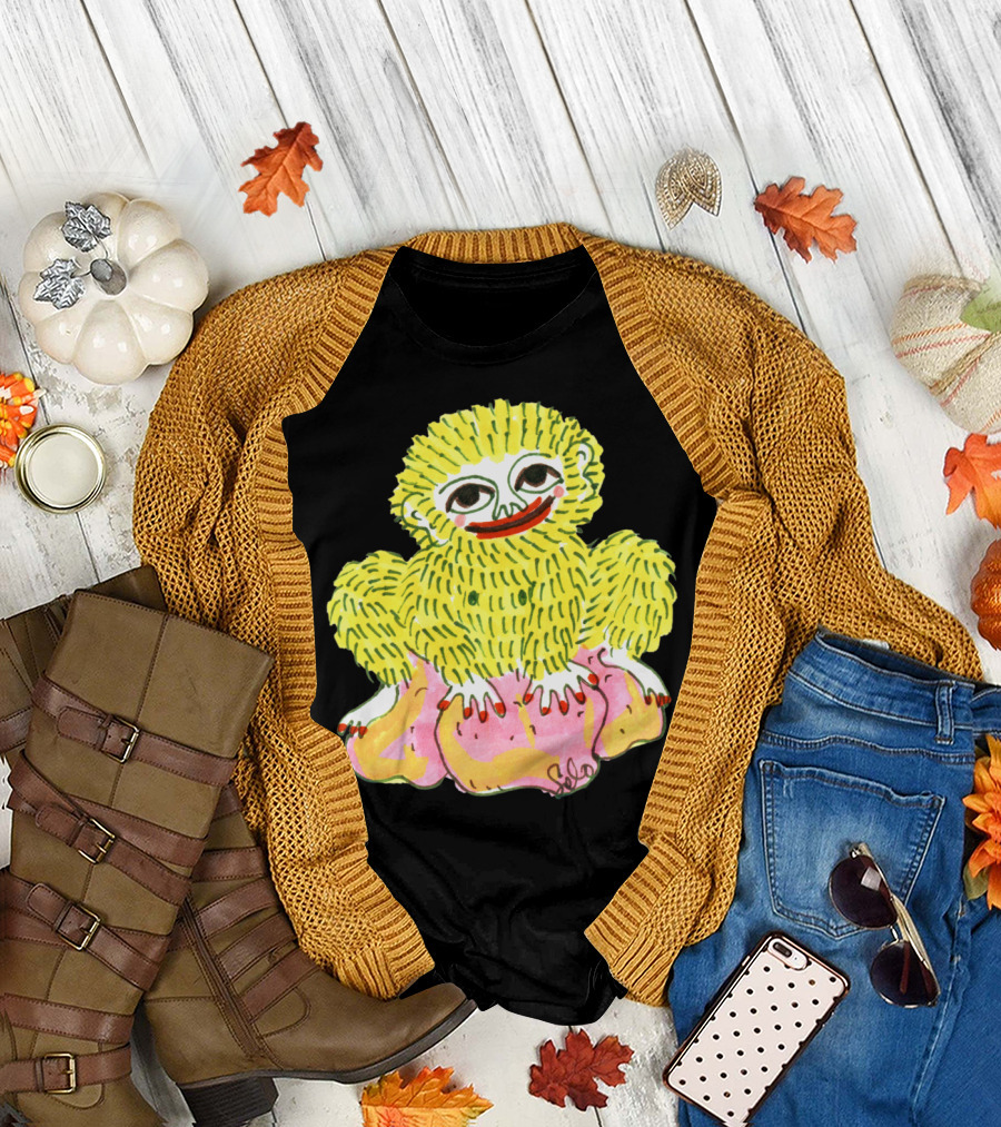 Golden Ape Man Cute Yellow Furry Creature Sitting on Pink Blob T-Shirt