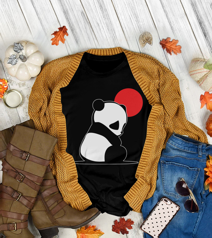 Giant Panda Silhouette with Red Sun in Minimalist T-Shirt