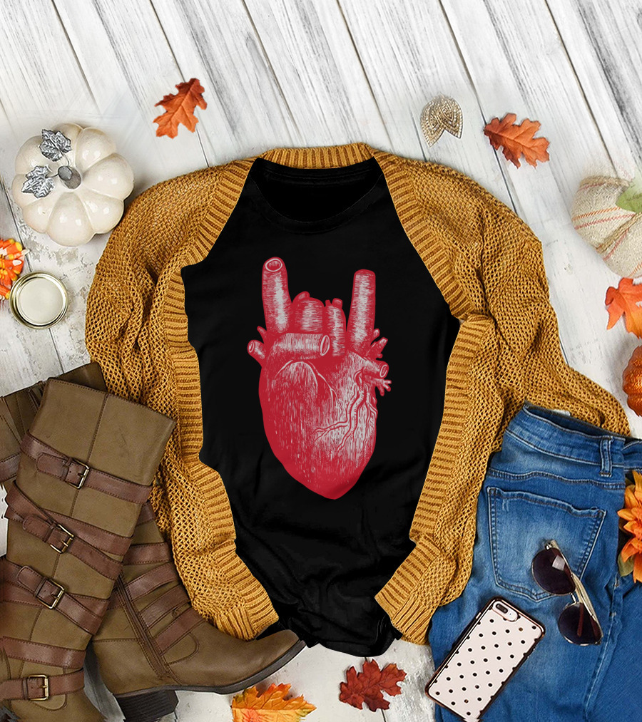Rock On Heartbeat Symbol - Anatomical Heart with Rock Hand Gesture T-Shirt