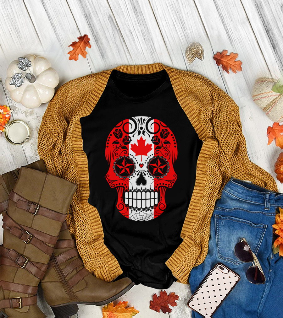 Canada Flag Sugar Skull with Roses and Maple Leaf T-Shirt