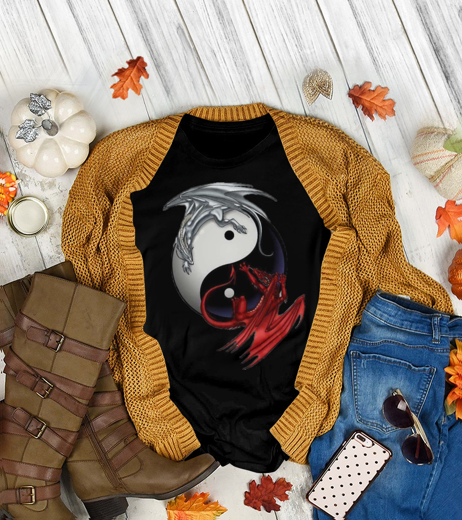 Yin and Yang Chinese Dragon Black and White Symbol with Red and Silver Dragons T-Shirt