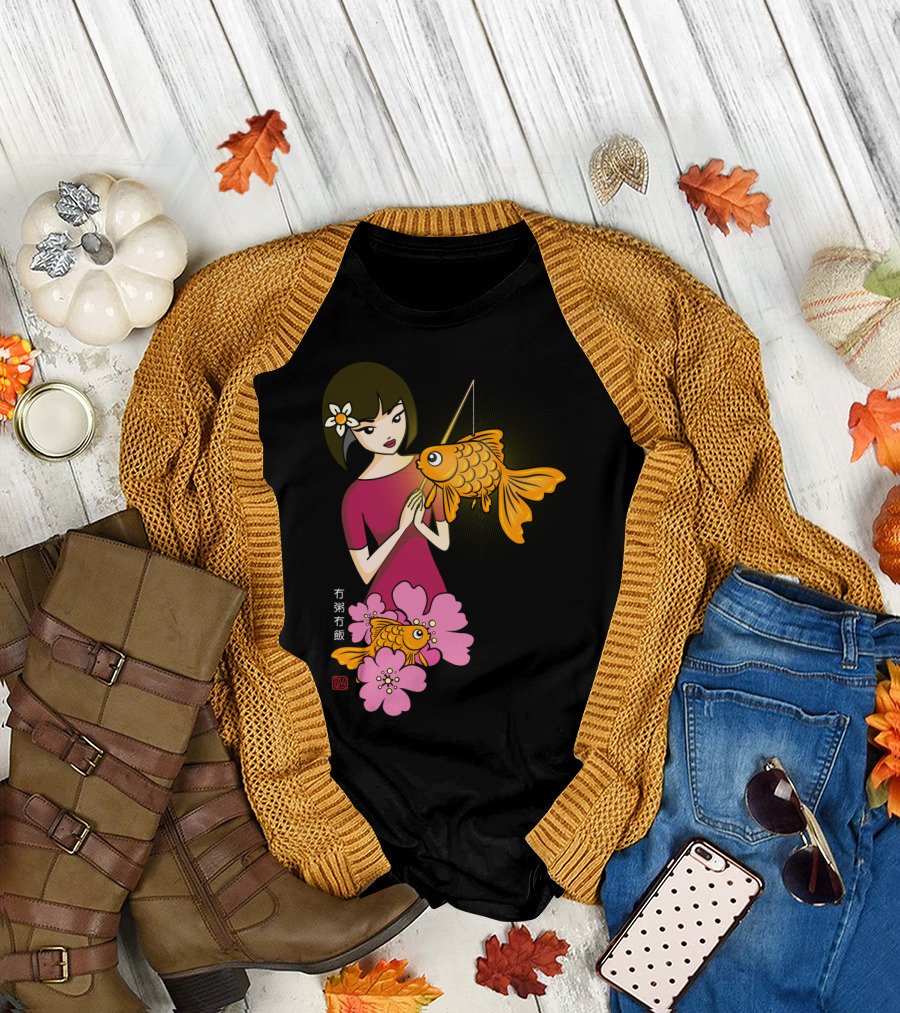 The Girl in Pink with Goldfish Lantern and Cherry Blossom Accents T-Shirt