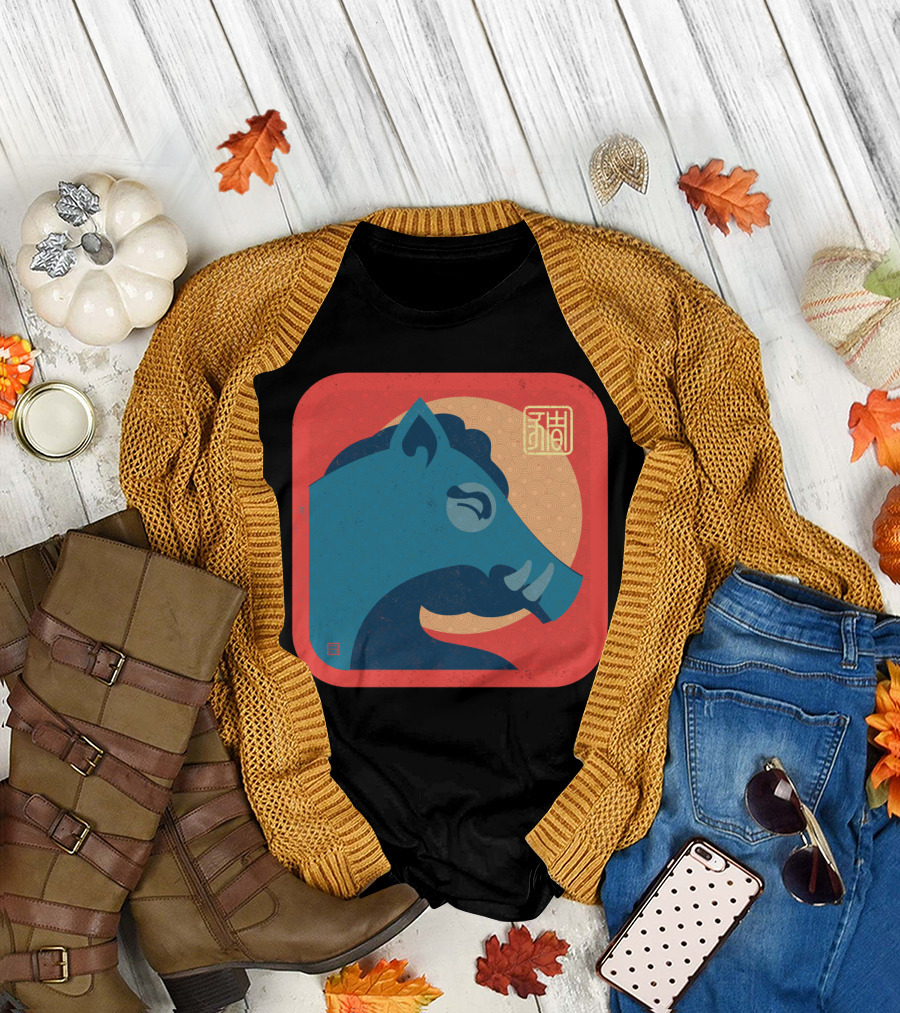 Year of the Boar Blue Silhouette with Asian Symbol in Red and Gold Circle T-Shirt