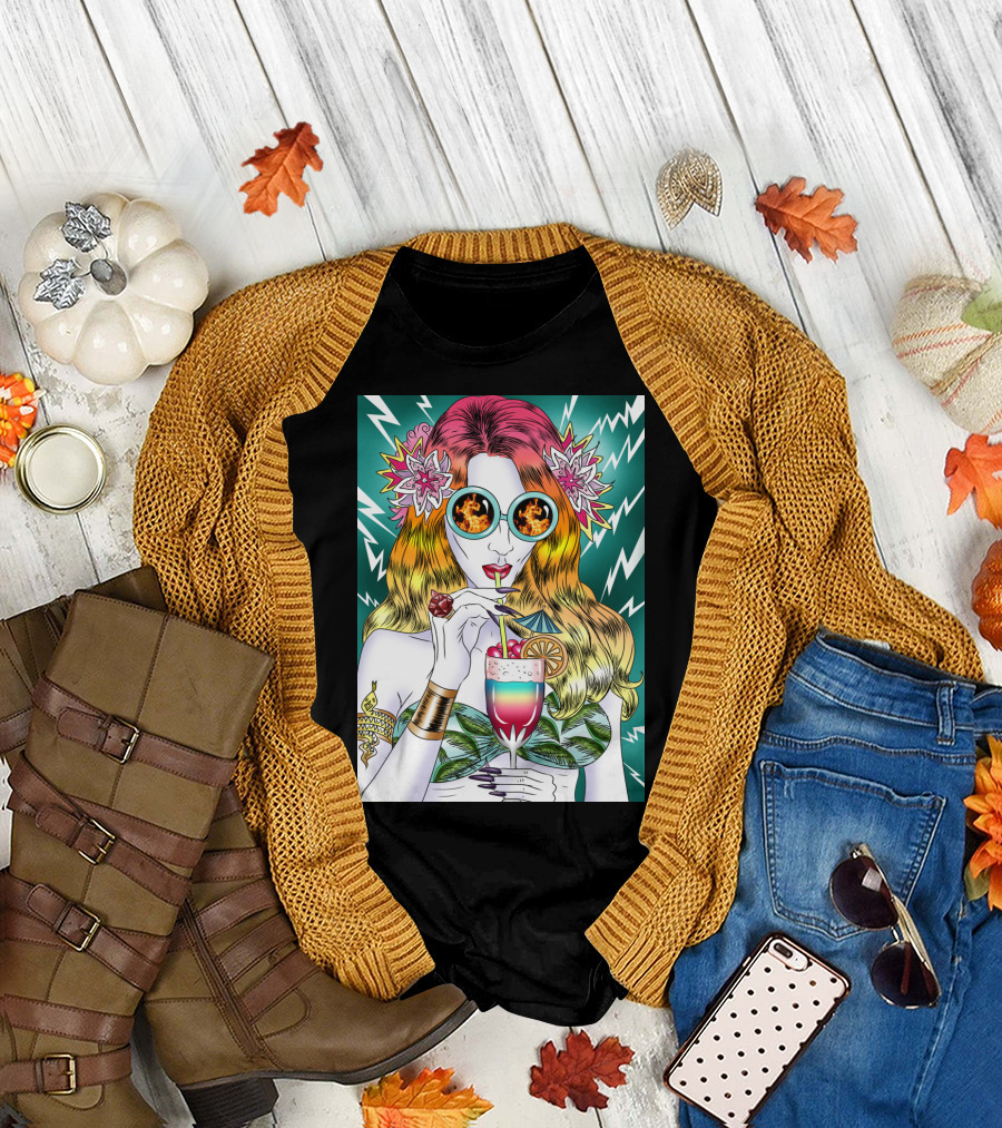 Beach Frenzy Fire Glasses Lightning Flower Hair Tropical Drink T-Shirt